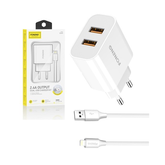 Carregador de Parede USB Rápido Foneng EU45 com Cabo iPhone 2,4A Branco